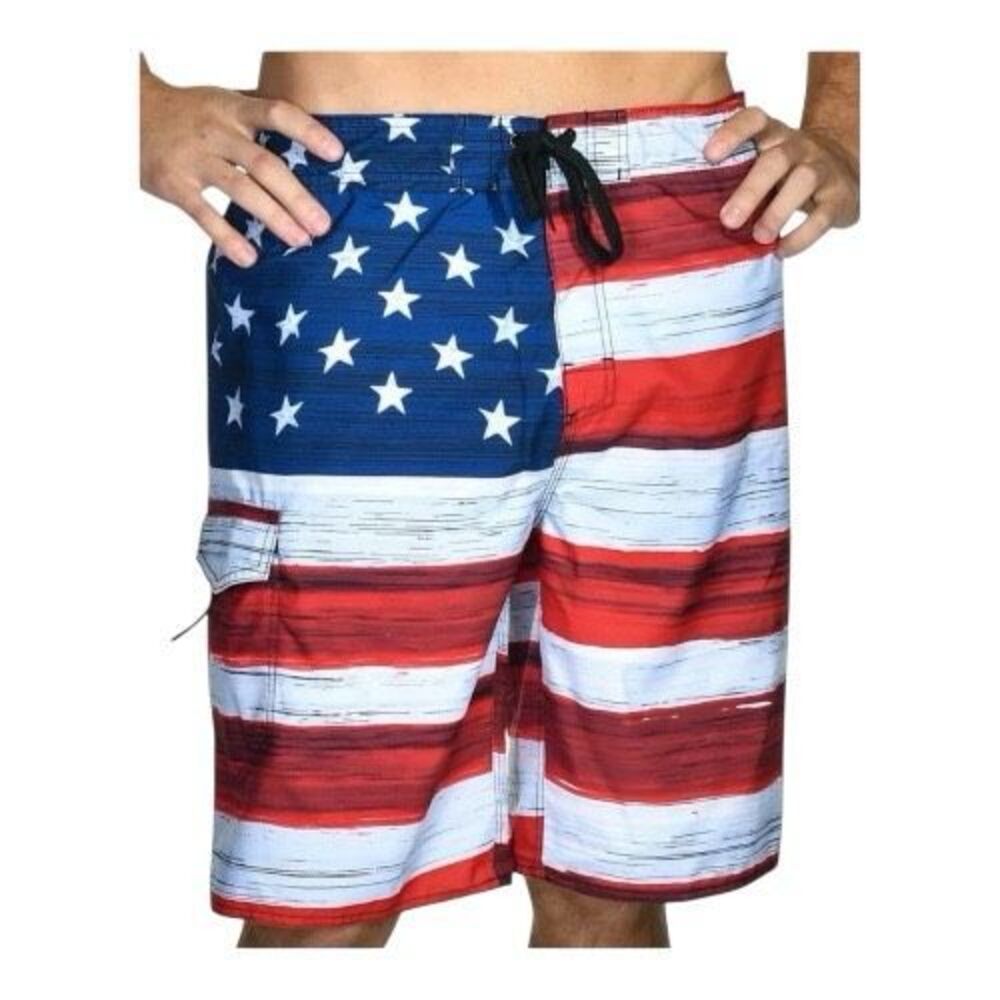 U.S. Apparel Mens Old Glory American Flag Patriotic Board Swim Shorts Large